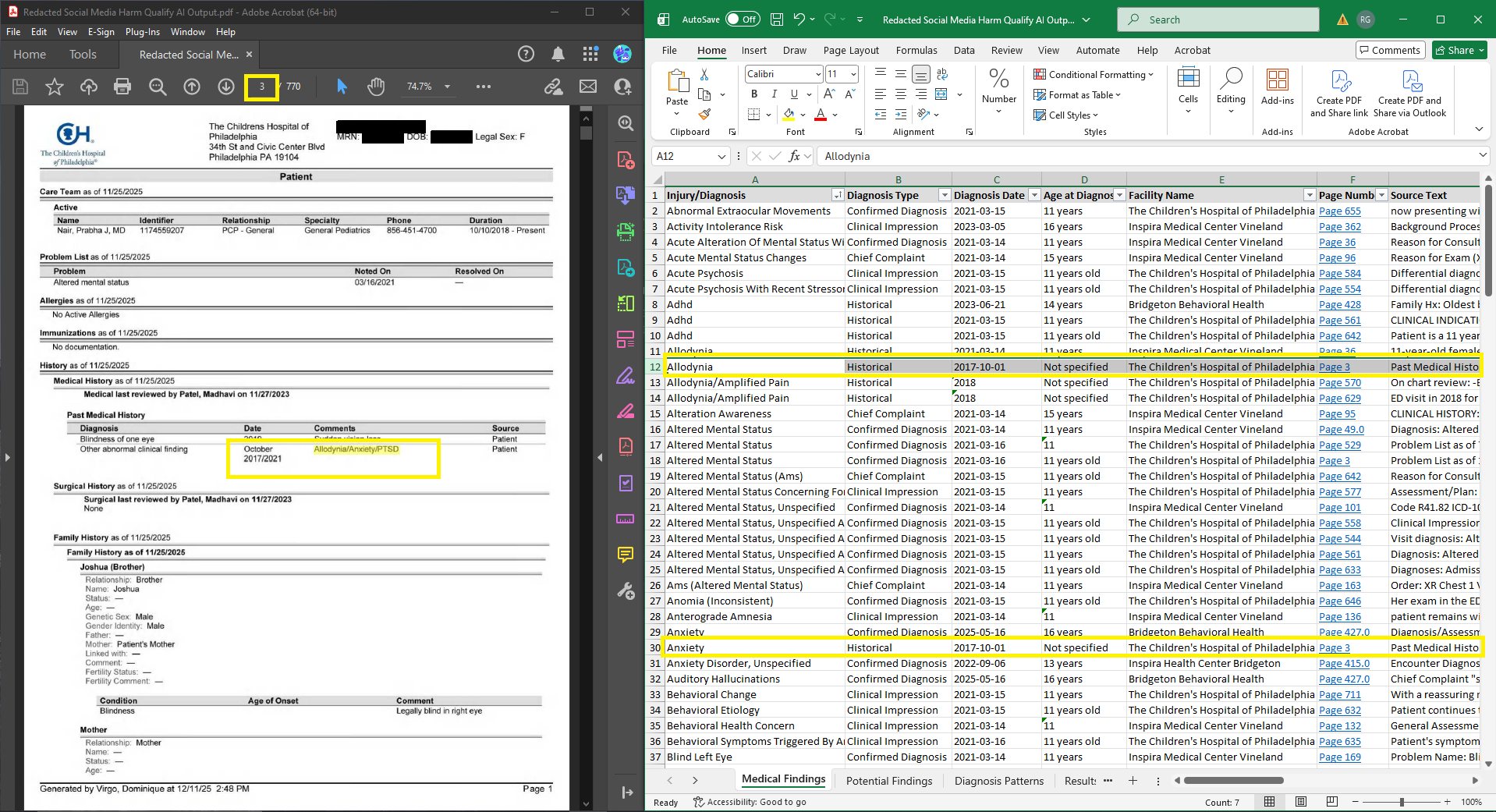 Qualify.AI sample output showing medical record data extracted into a structured spreadsheet